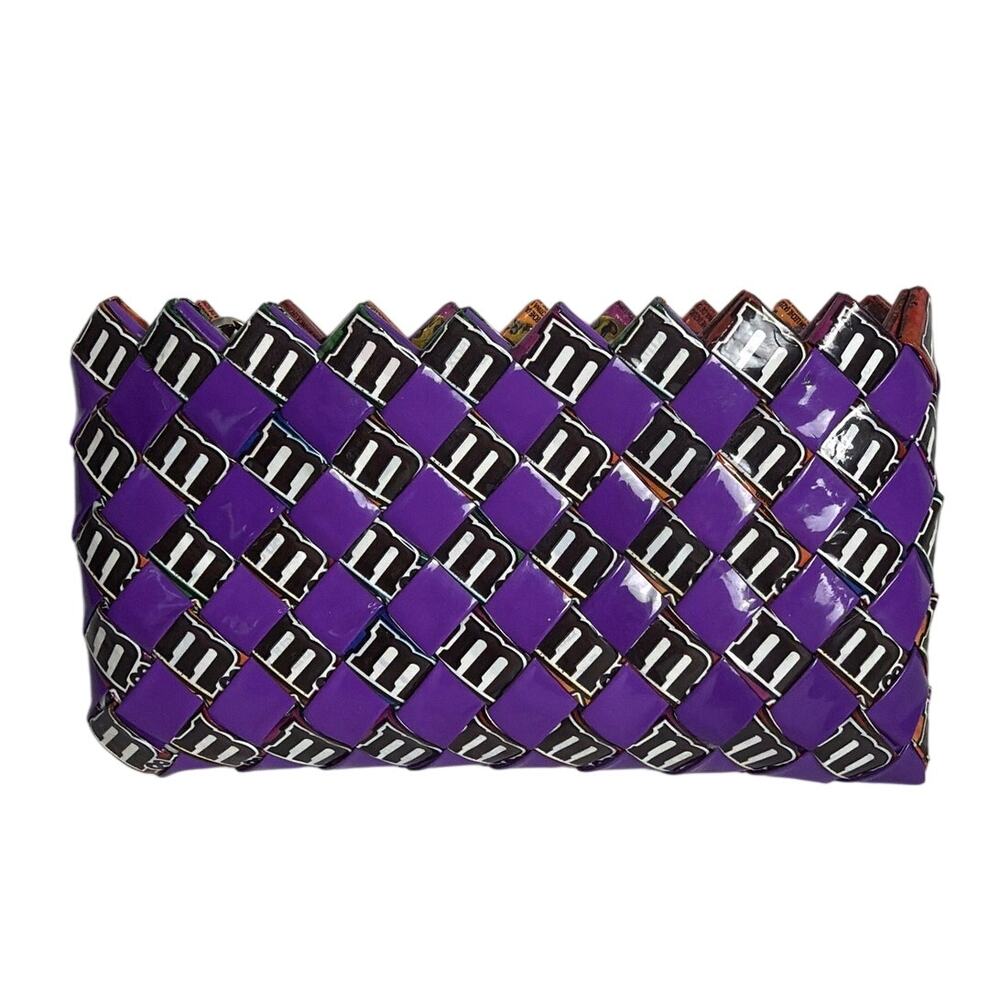 Y2K MITZ M&M's Candy Wrapper Woven Wallet Clutch Purple Recycled Handmade Mexico